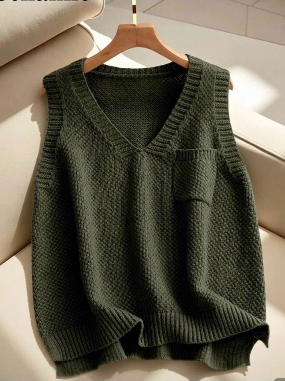 SHEIN Olive Green V-Neck Knit Sweater Vest